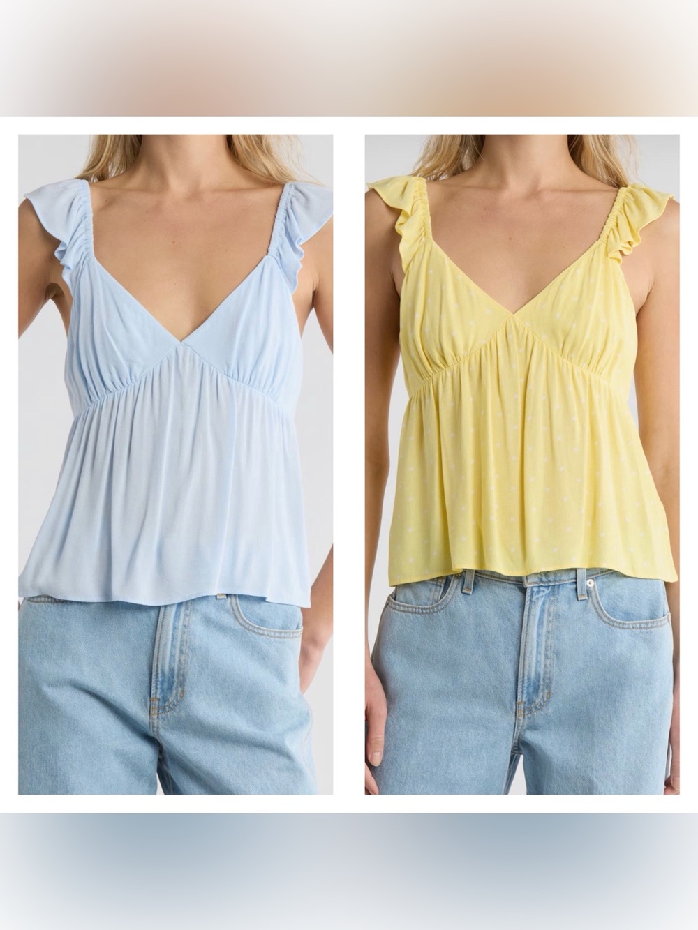 2 flutter sleeve baby doll tank tops in butter yellow and dusty blue